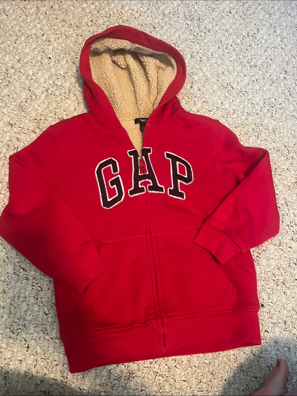 GAP Kids Red Zip-Up Hoodie with Cream Sherpa Lining